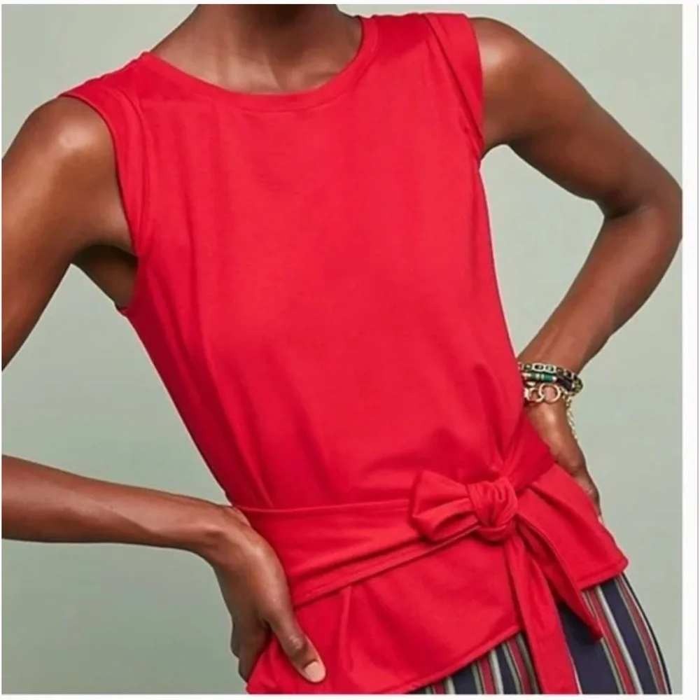 Maeve Anthropologie Ranch Red Sleeveless Tie Waist Peplum Knit Top XS‎